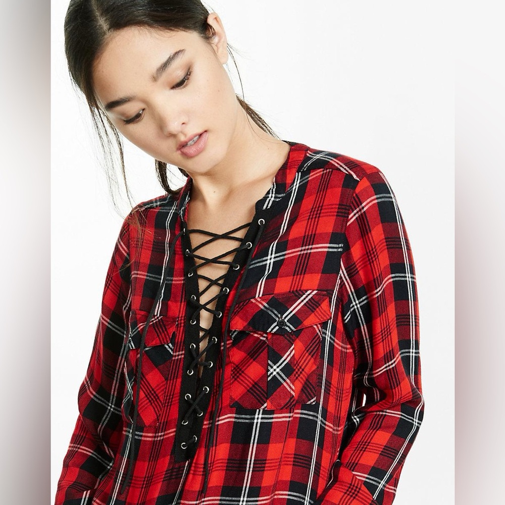 Express Red Plaid Lace-Up Shirt – Size XL – Fall Perfect!!